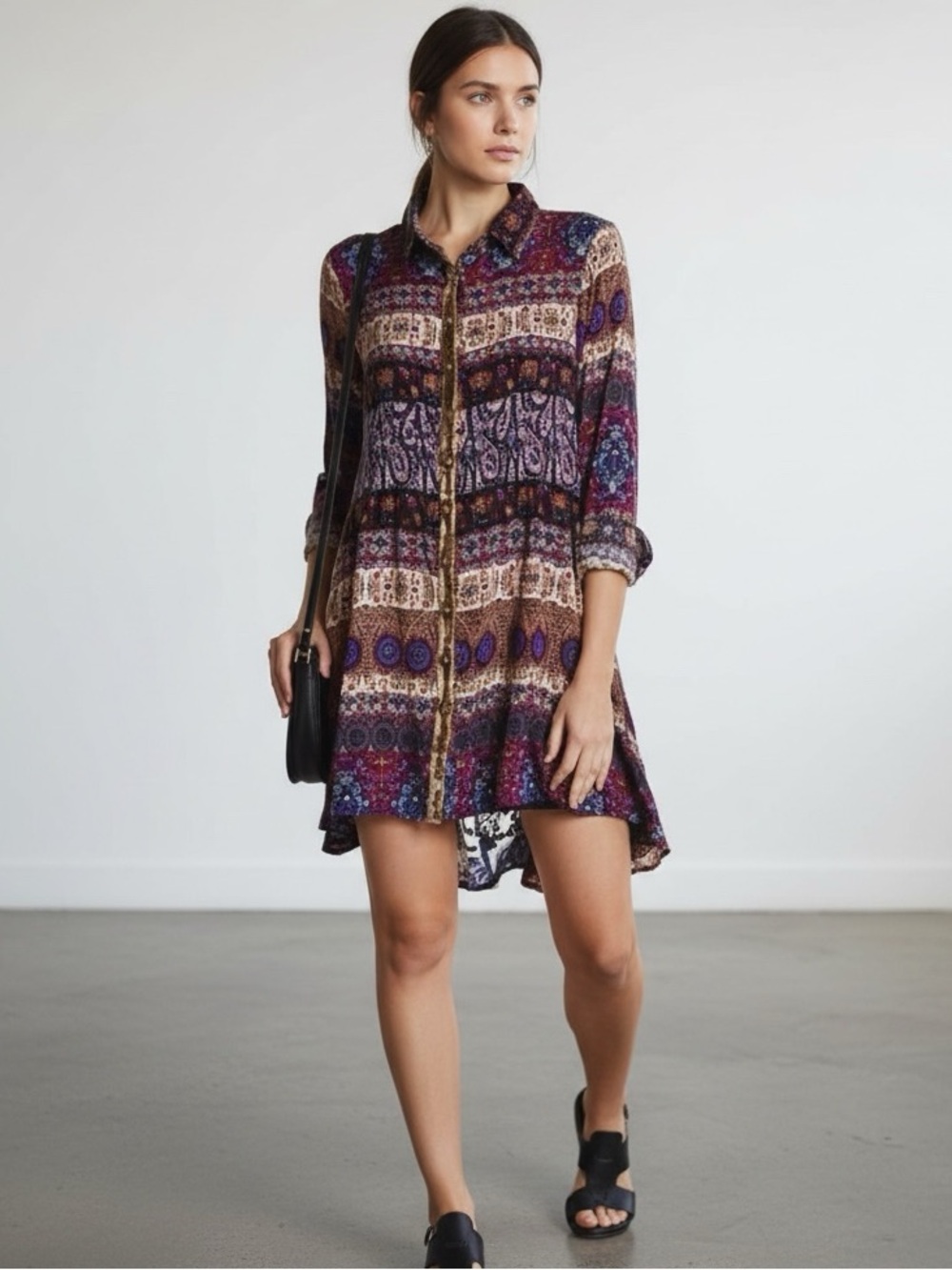 Aratta Multicolor Boho Paisley Velvet Detail Button-Front Dress